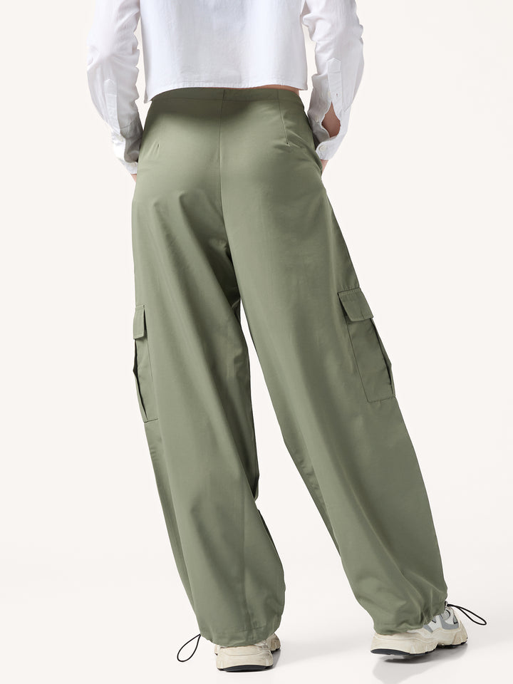 Olive Cargo Pockets Drawstring Wid Leg Trouser