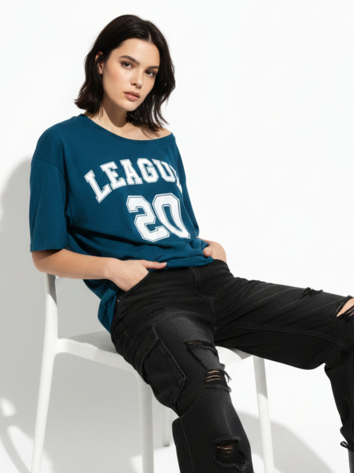 Teal Off-Shoulder Graphic Printed T-Shirt