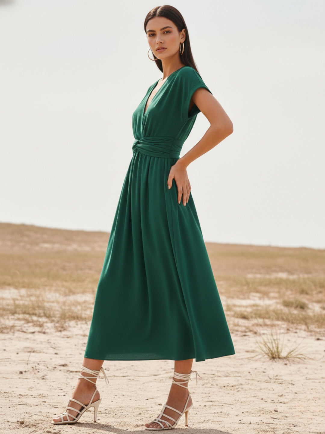 Olive Plunge Neck Twisted Knot Waist Detail Dress