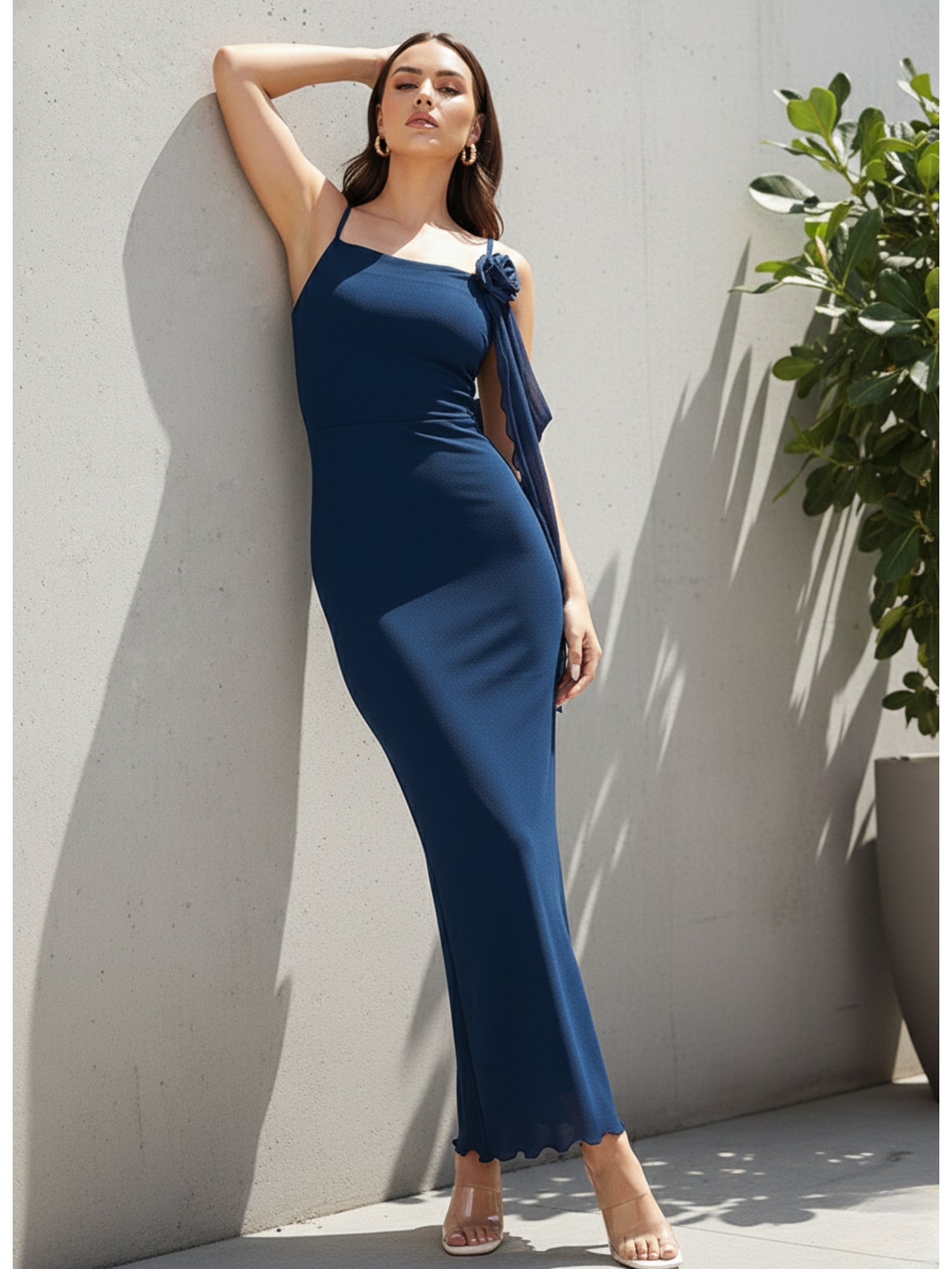 Blue Spaghetti Strap Flower Detail Dress