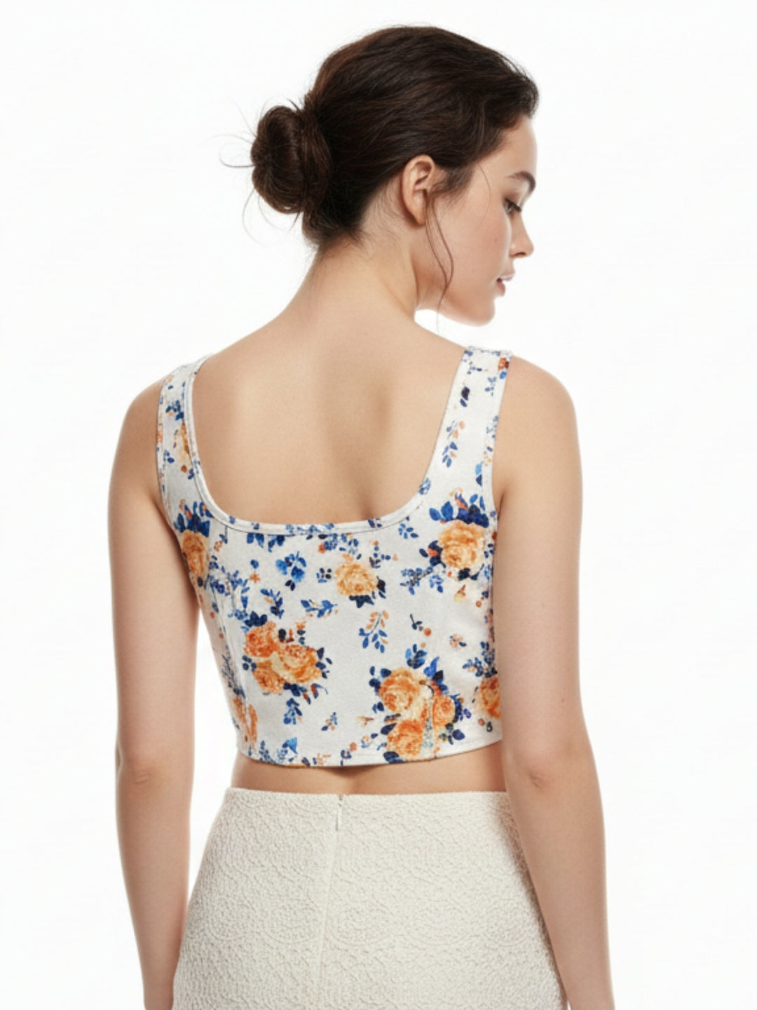 White Shoulder Strap Floral Printed Corset Top