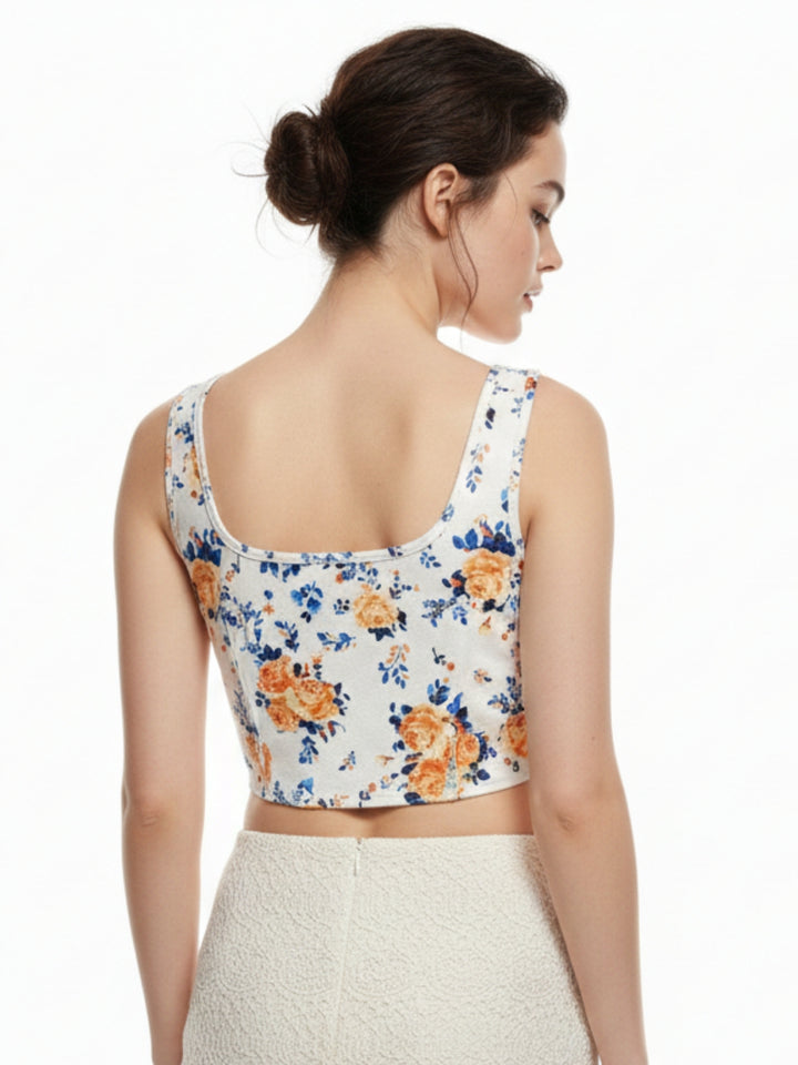 White Shoulder Strap Floral Printed Corset Top