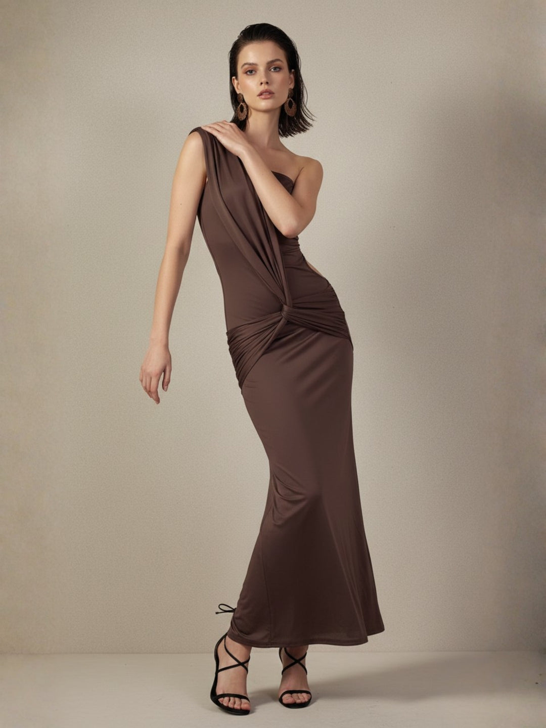 Brown One Shoulder Waist Detail Dress