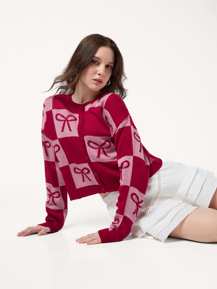 Red Colour Blocked Check With Graphic Bows Cardigan