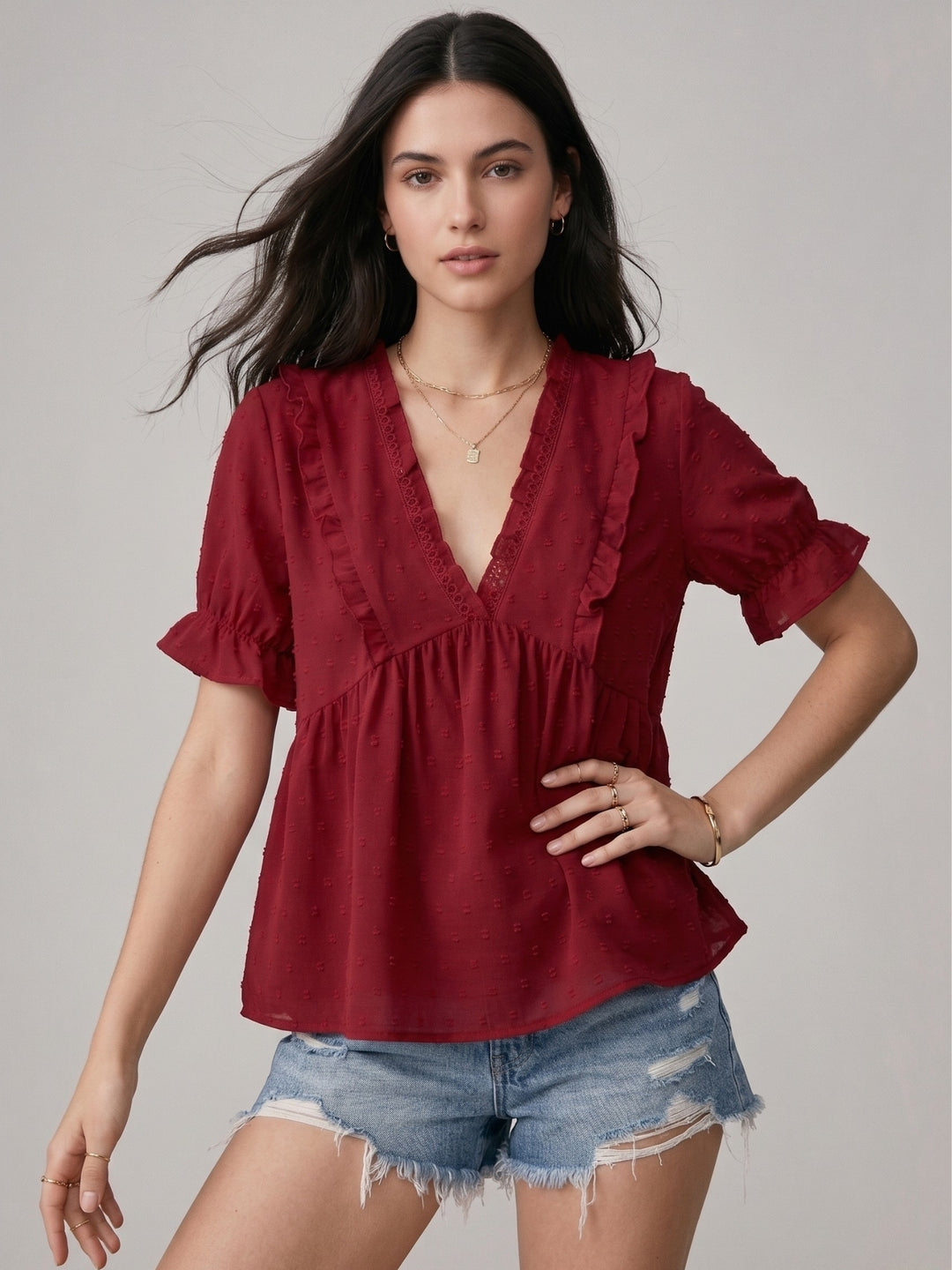 Red Ruffle Sleeve V Neck Top