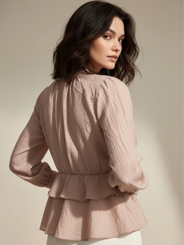 Pink V Neck Ruffle Blouse In Crushed Satin Fabric