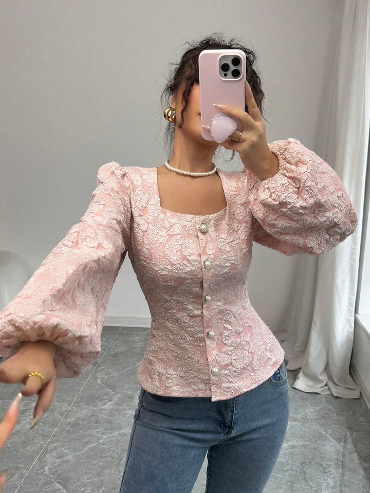 Pink Square Neck Button Down Blouse