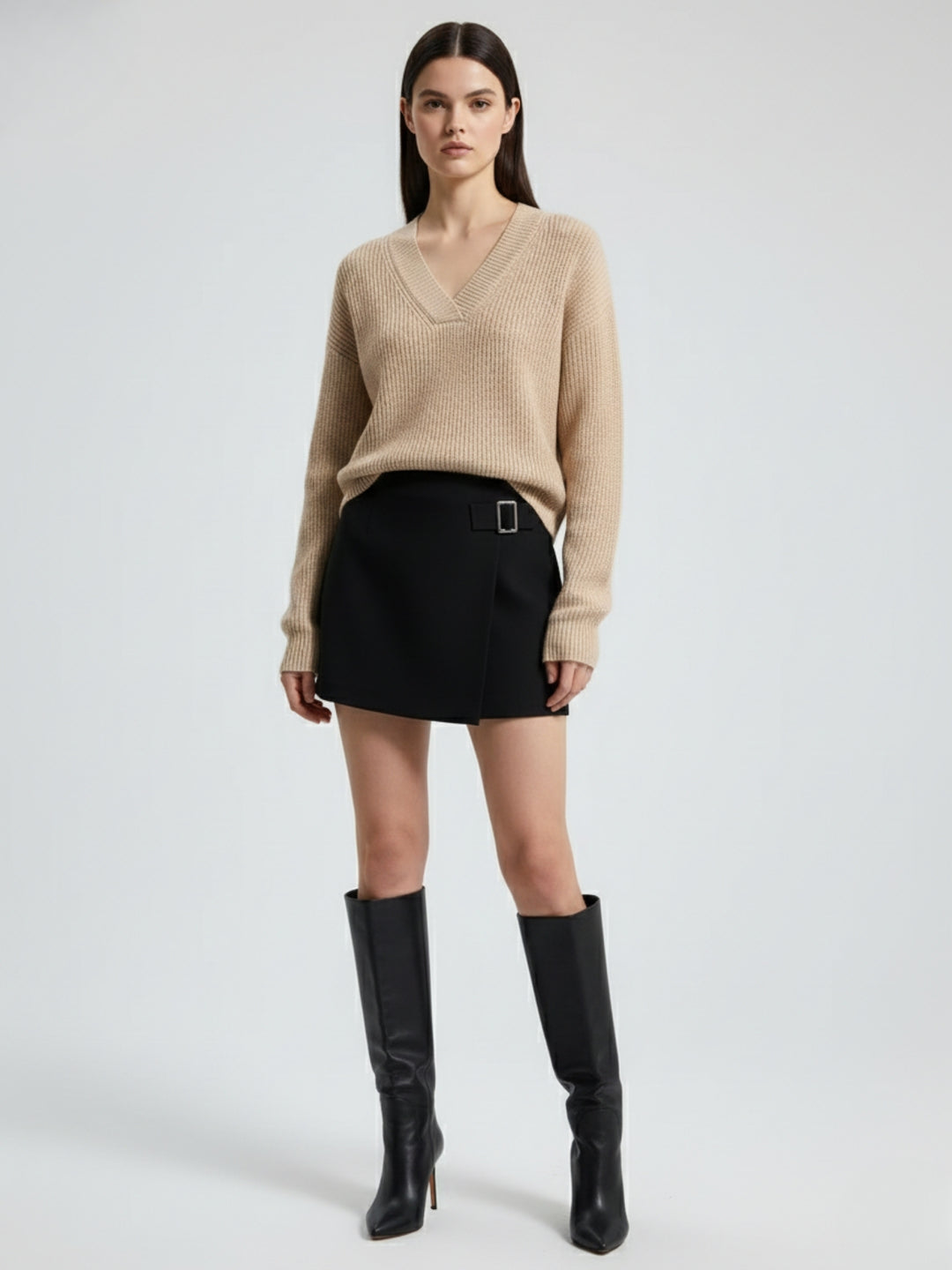 Taupe Full Sleeve V Neck Sweater