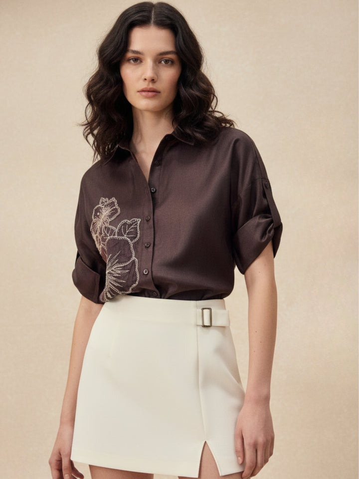 Brown Floral Embroidered Applique Shirt