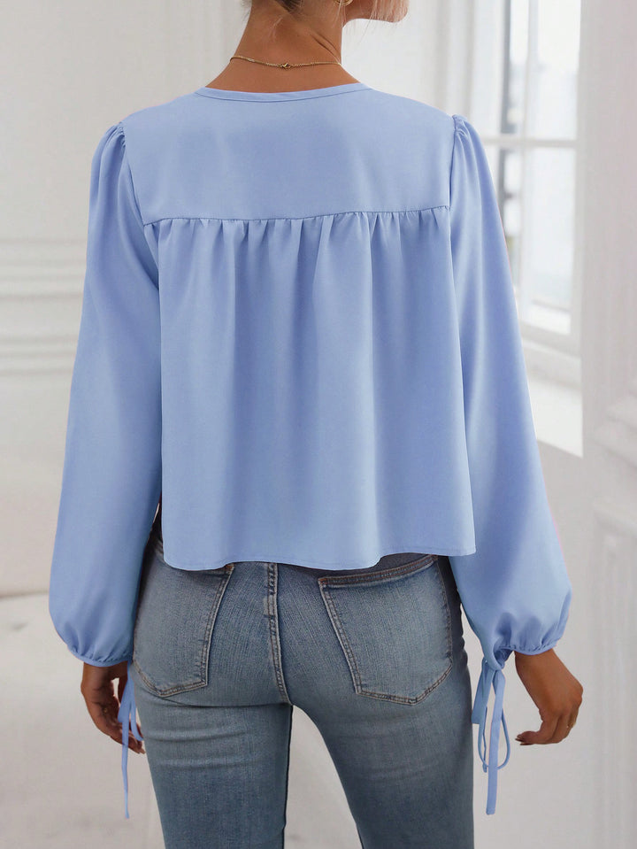 Blue Neck And Sleeves Tie Up Detail Top