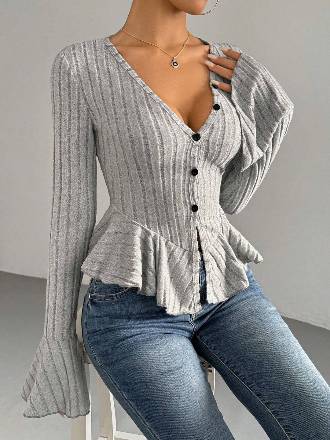 Grey Button Down Peplum Hem Top