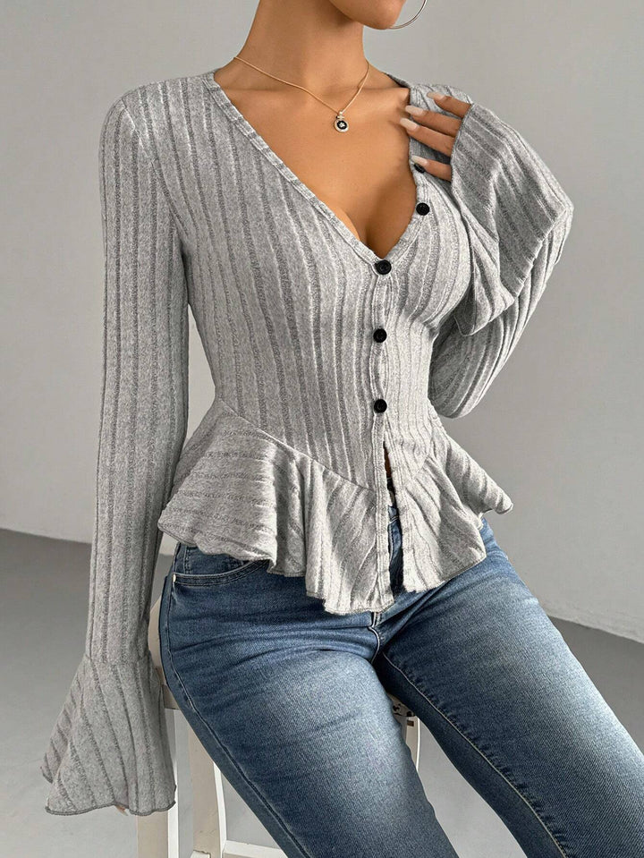 Grey Button Down Peplum Hem Top