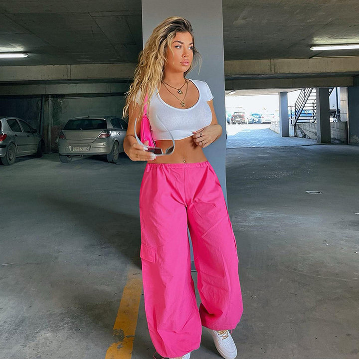 Pink Solid Parachute Pant