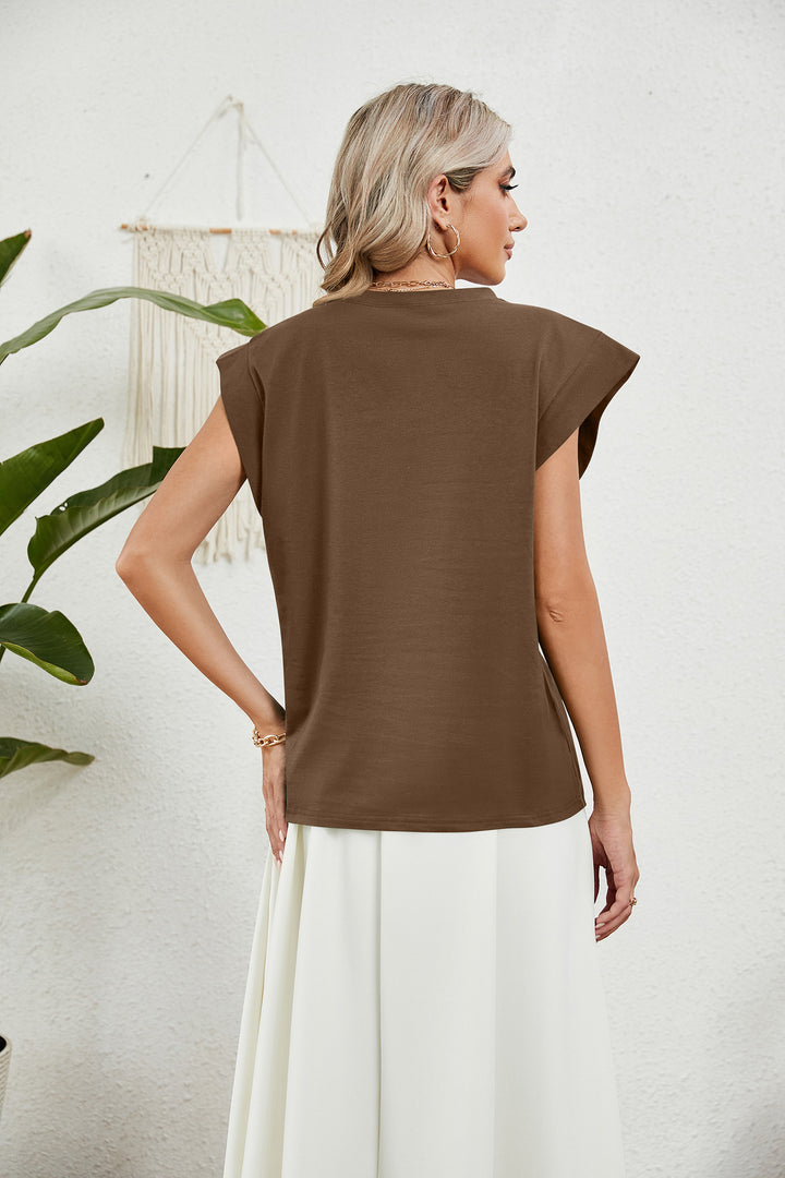 Brown Short Sleeves Round Neck Top