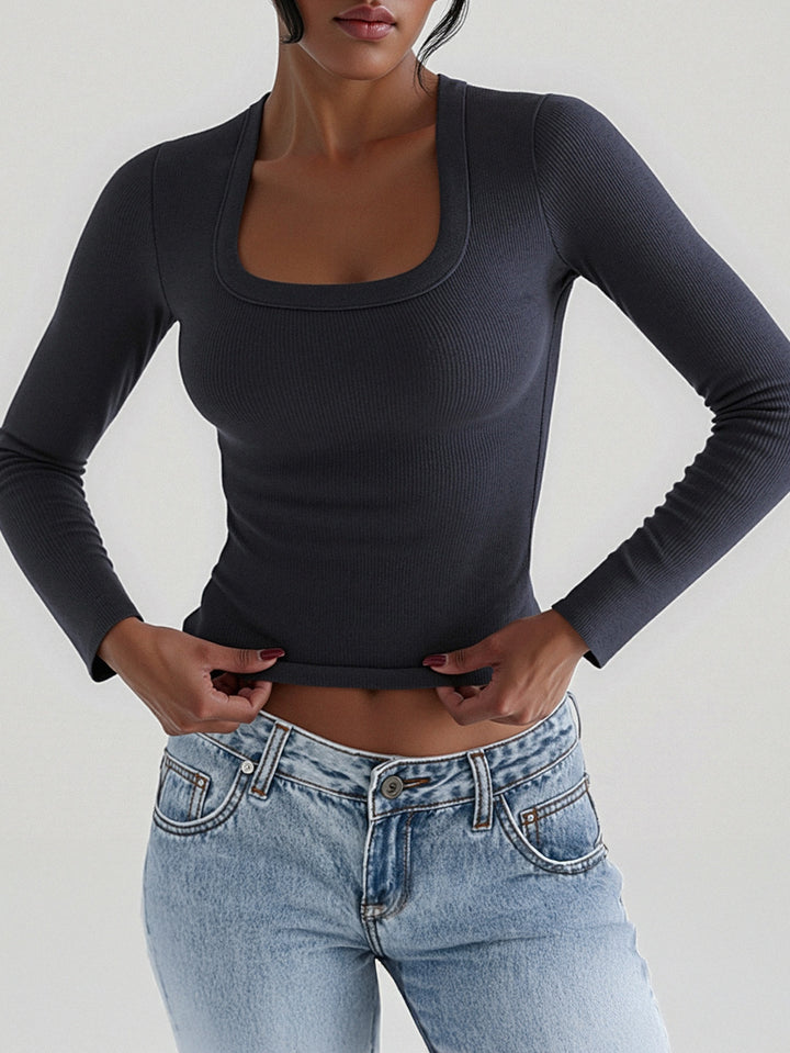 Charcoal Basic Full Sleeves Solid Square Neck Top