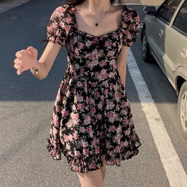 Black Fit And Flare Mini Dress With Ruffle Detail