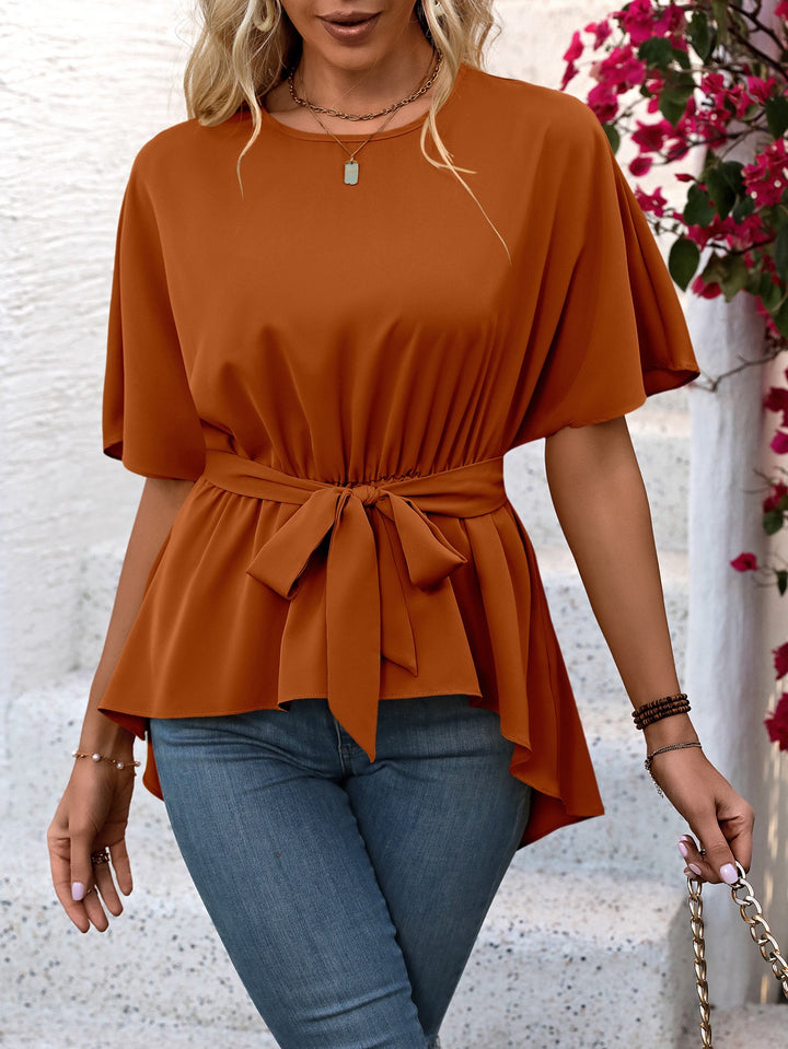 Orange Waist Cinched Asymmetrical Hem Top