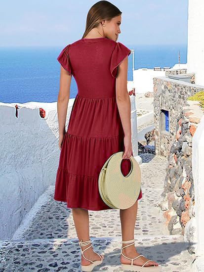 Burgundy High V Neck Tiered Dress With Pockets
