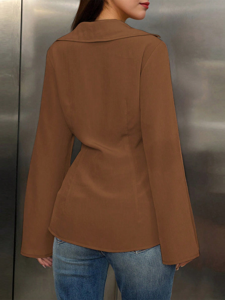 Brown V-Neck Long Sleeve Shirt