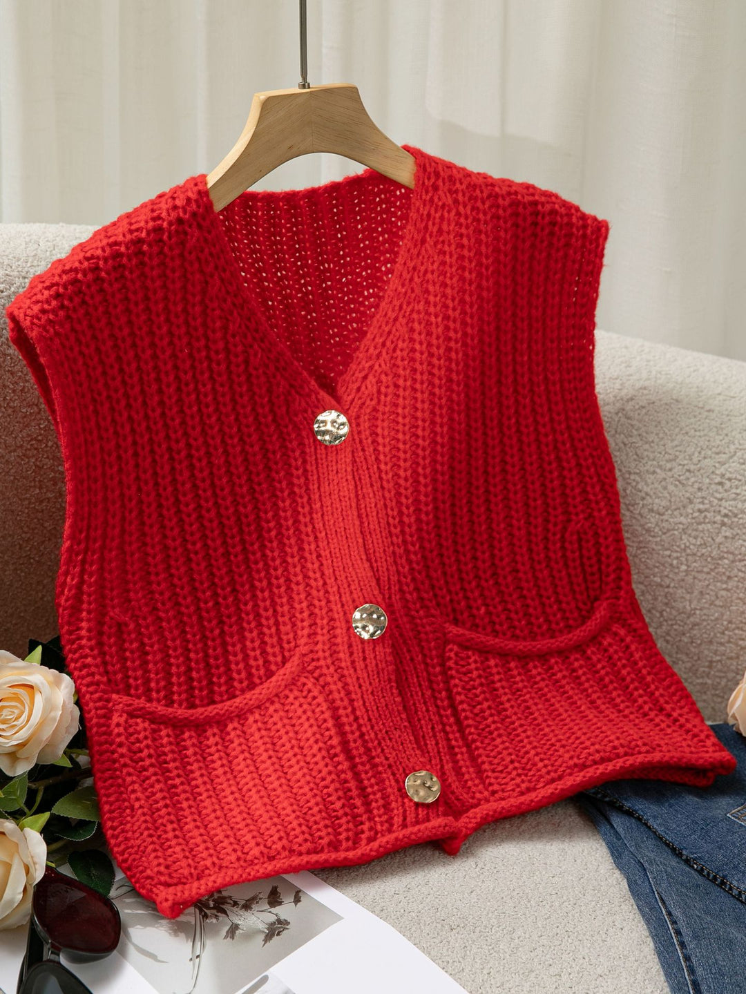 Red Sleeveless Solid  Cardigan