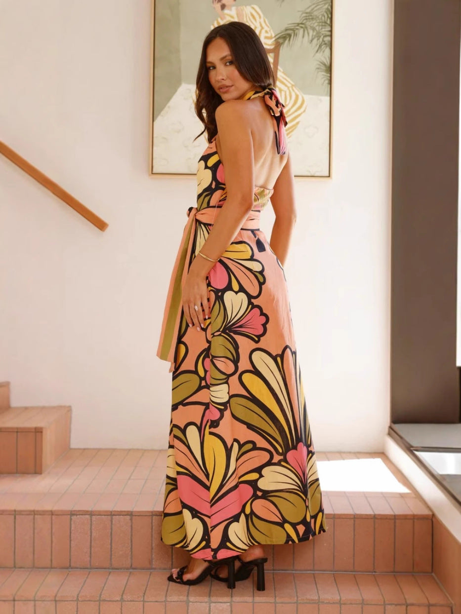 Orange Abstract Printed Cross Halter Neck Dress