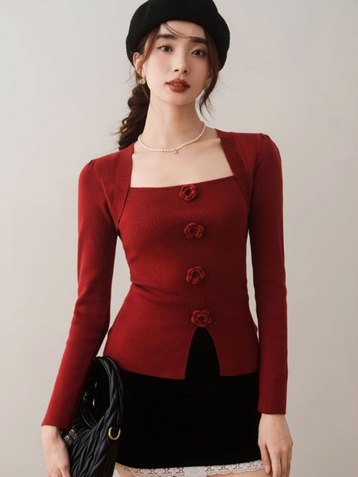 Maroon Full Sleeve Square Neck Flower Trim Top