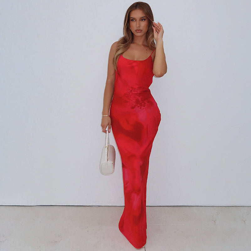 Red Spaghetti Strap Printed Bodycon Maxi Dress