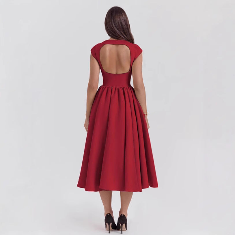 Red Boat Neck Flared Dress