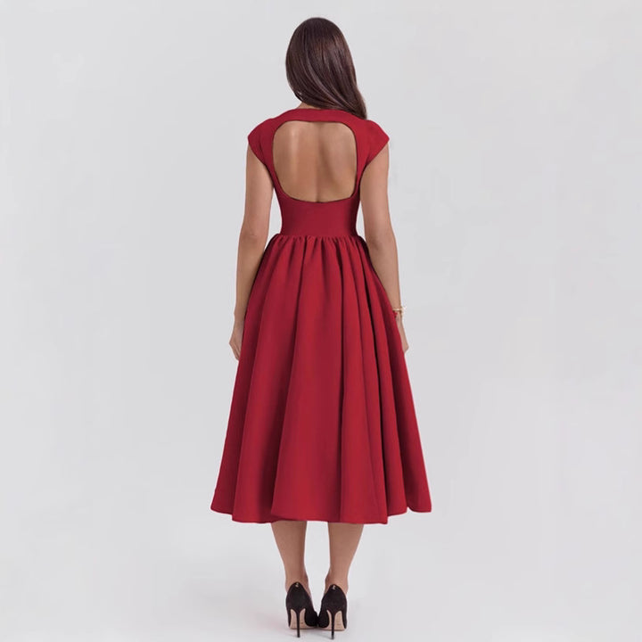 Red Boat Neck Flared Dress