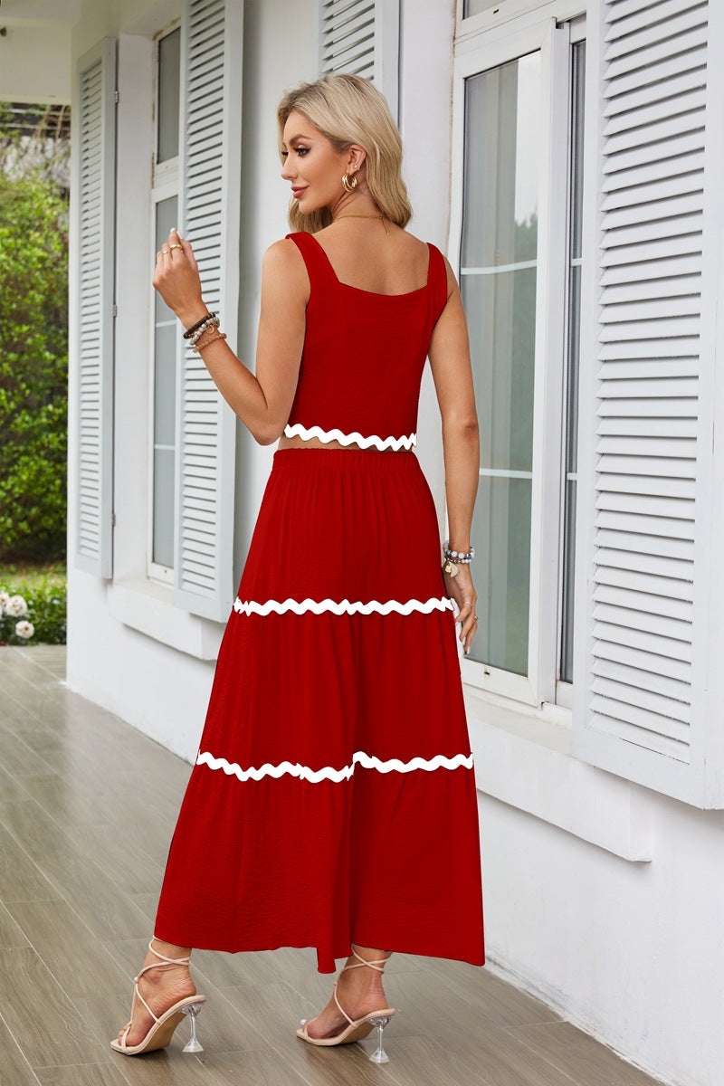 Red Contrast Tipping Top And Skirt Co-Ord Set