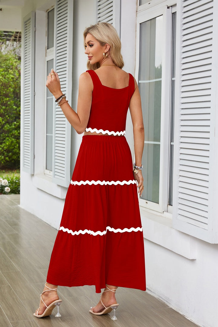 Red Contrast Tipping Top And Skirt Co-Ord Set