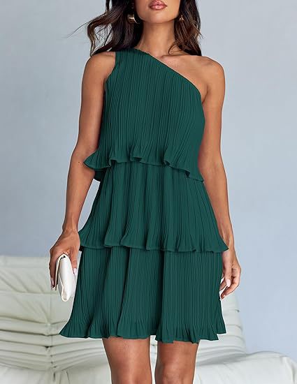 Green One Shoulder Three Tiered Pleated Dress