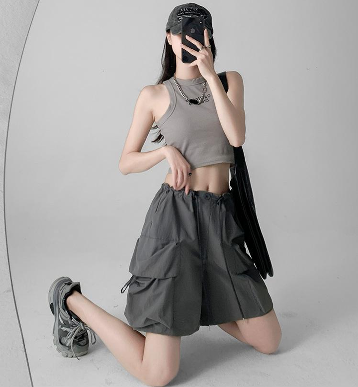 Charcoal Relaxed Fit Drawstring Cargo Shorts