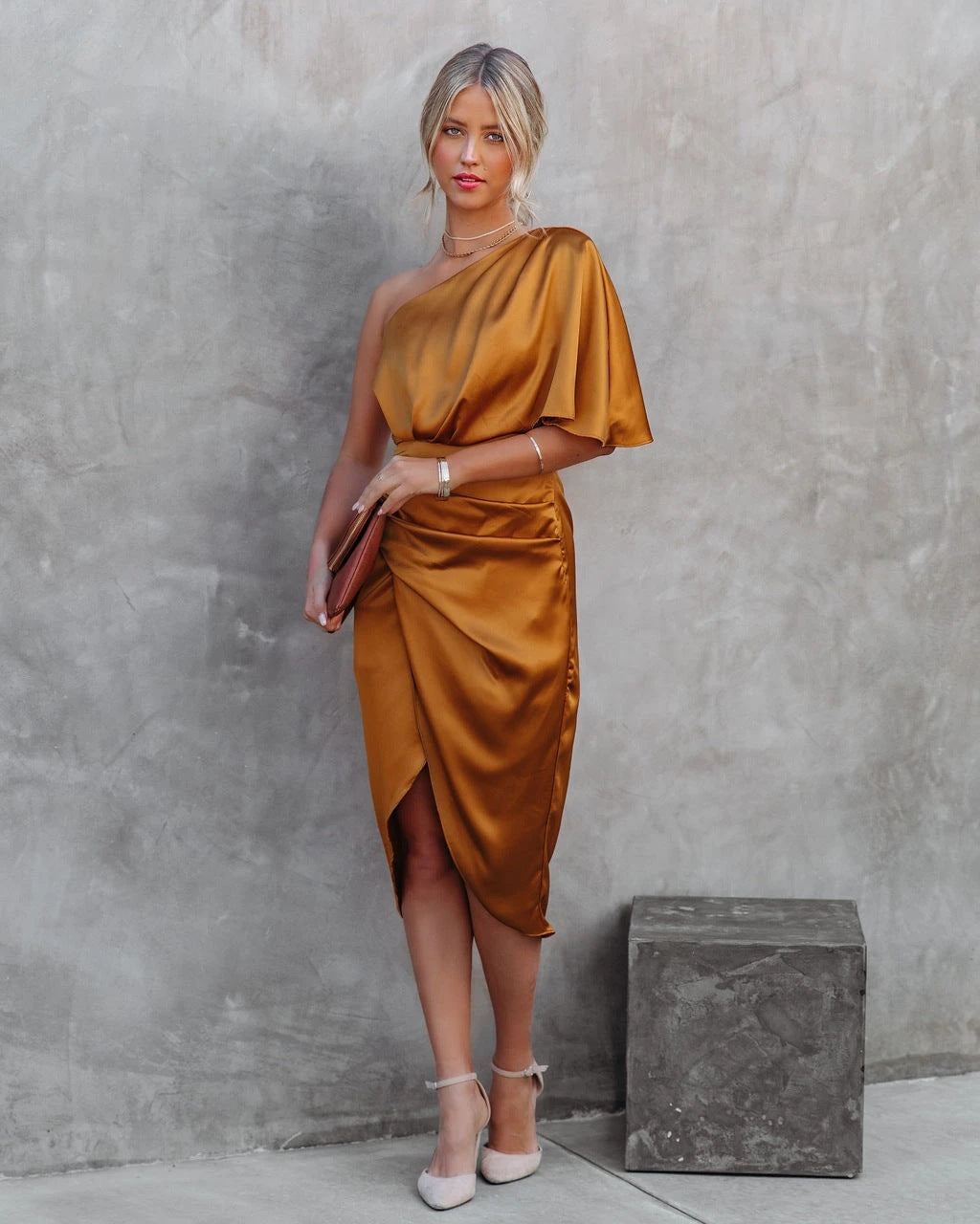 Mustard One Shoulder Sleeve Asymmetrical Dress