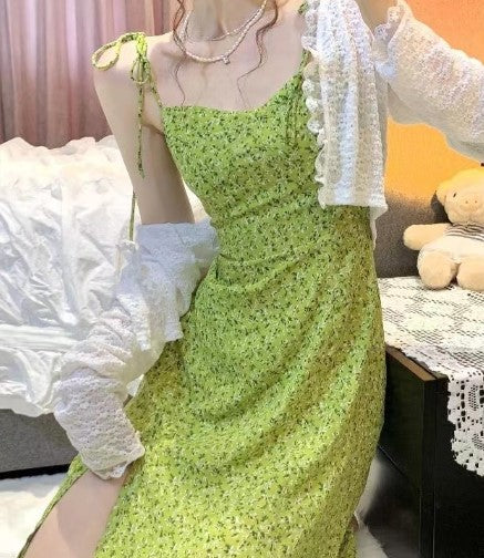 Green Shoulder Tie Up Front Slit Midi Dress