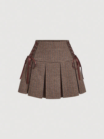Burgundy Checkered Pleated Bow Detail Skirt