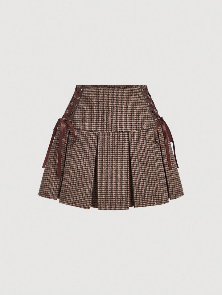 Burgundy Checkered Pleated Bow Detail Skirt