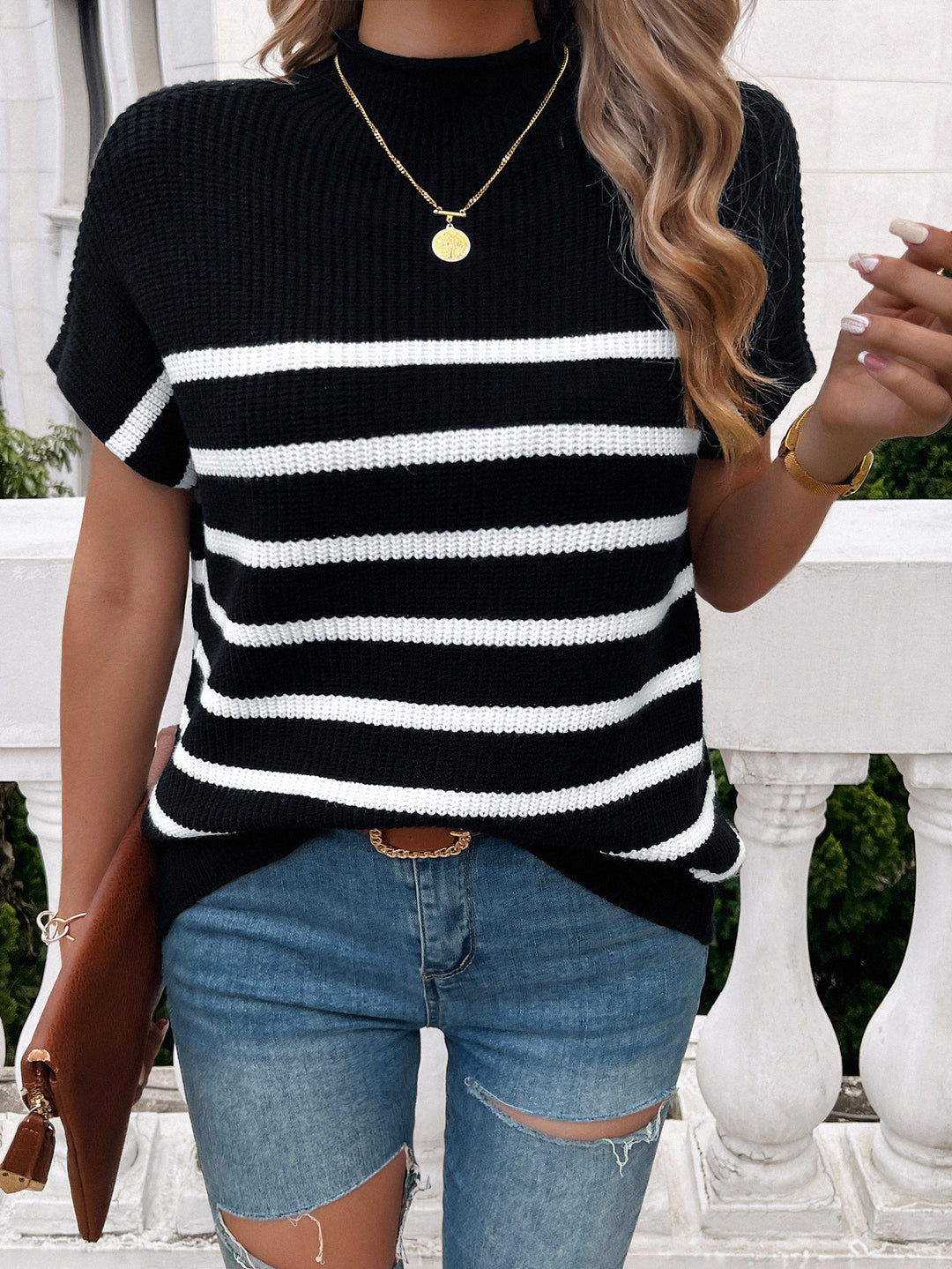 Black High Neck Striped Top