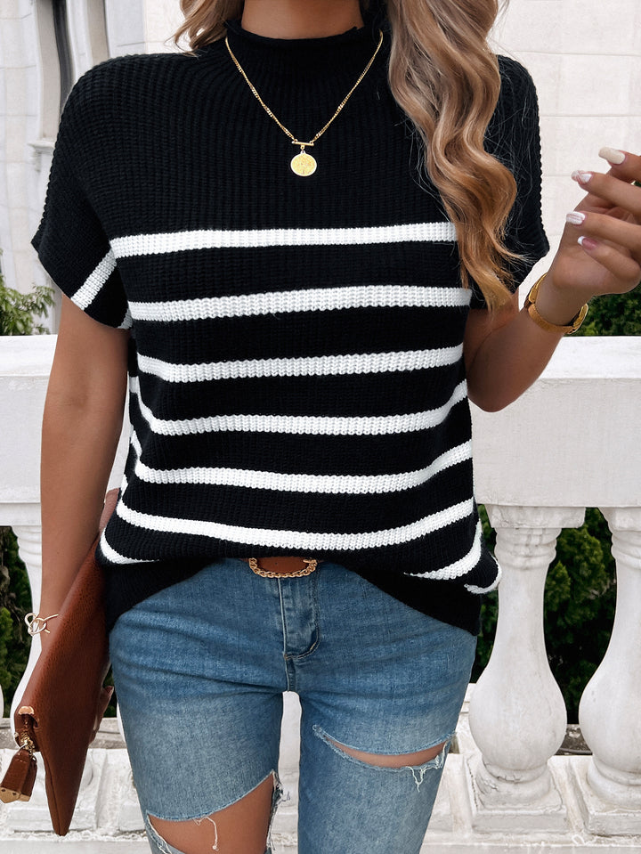 Black High Neck Striped Top