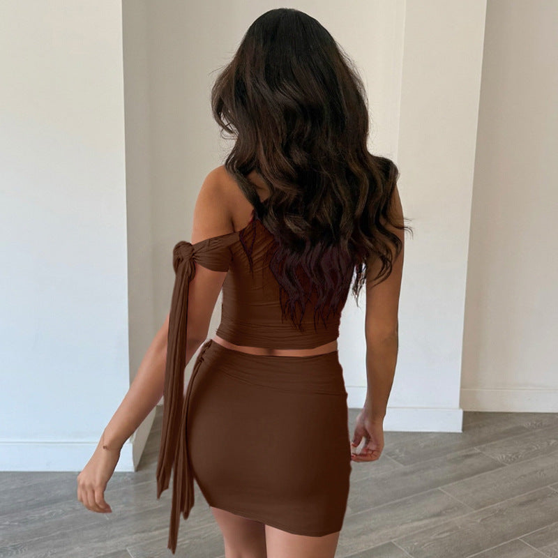 Brown One-Off Shoulder Top With Mini Skirt Co-Ord Set