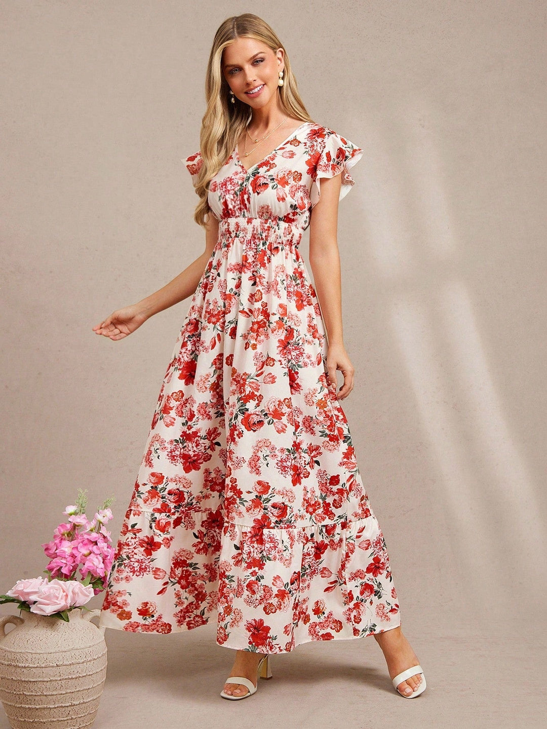 Multi Ruffle Sleeve V Neck Printed Dress