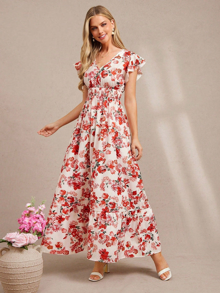 Multi Ruffle Sleeve V Neck Printed Dress