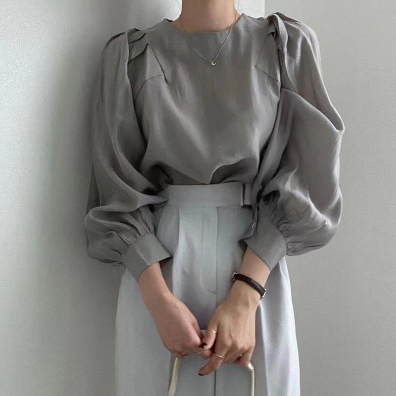 Grey Puff Sleeves Side Pleated Detail Top