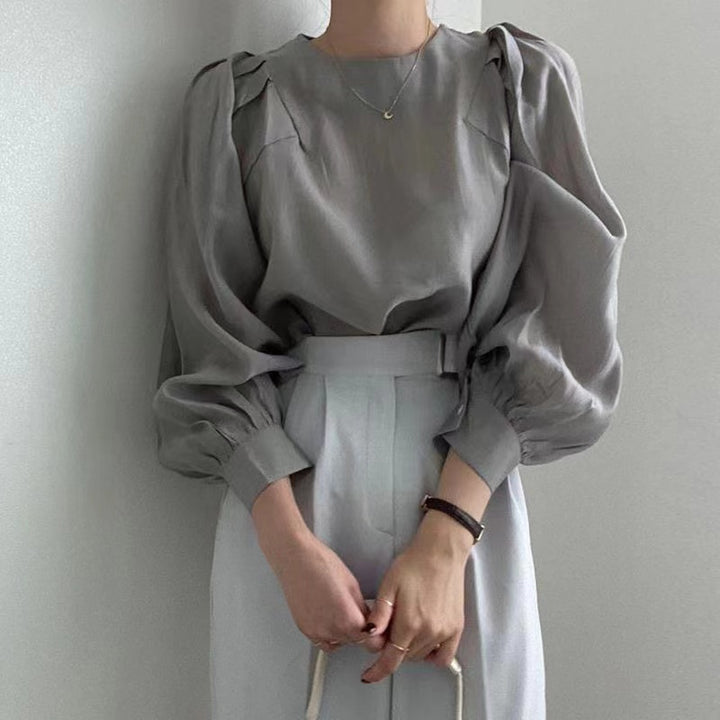 Grey Puff Sleeves Side Pleated Detail Top