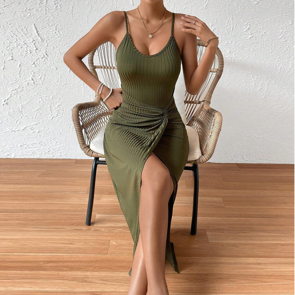 Olive Shoulder Strap Wrap Knot Dress