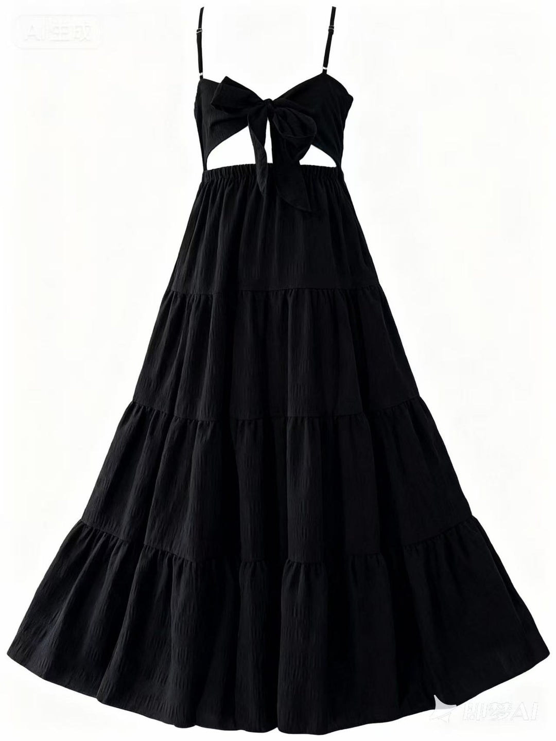 Black Shoulder Strap Back Bow Tiered Dress