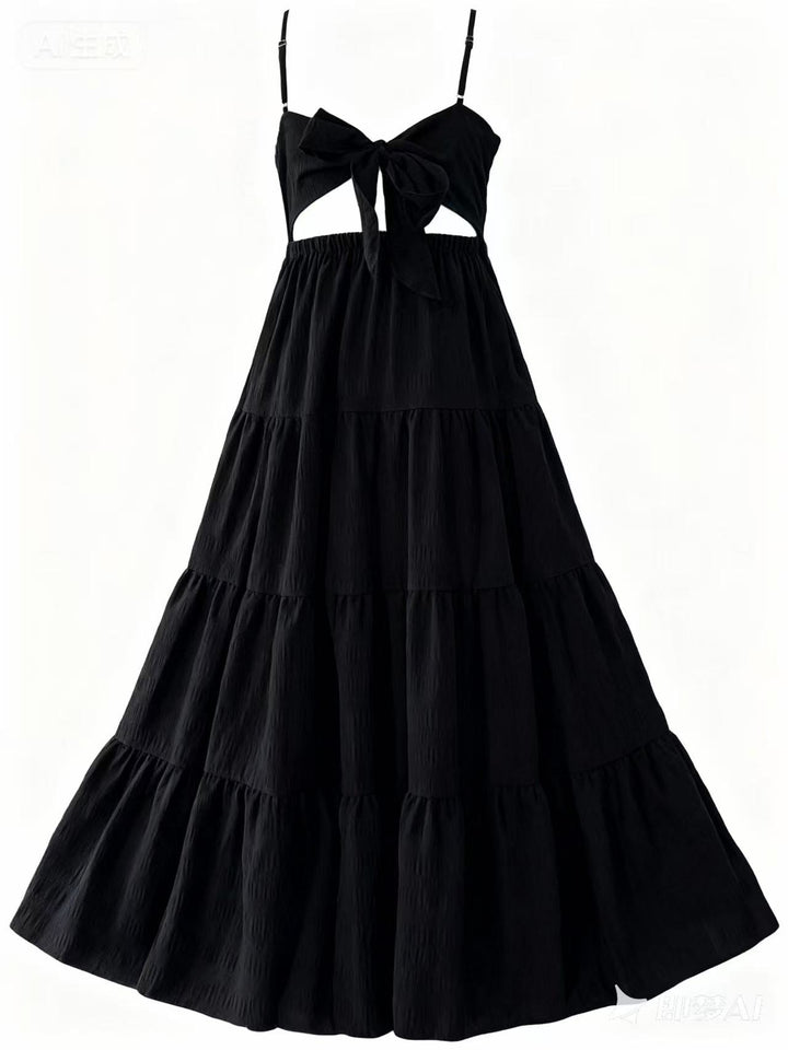 Black Shoulder Strap Back Bow Tiered Dress