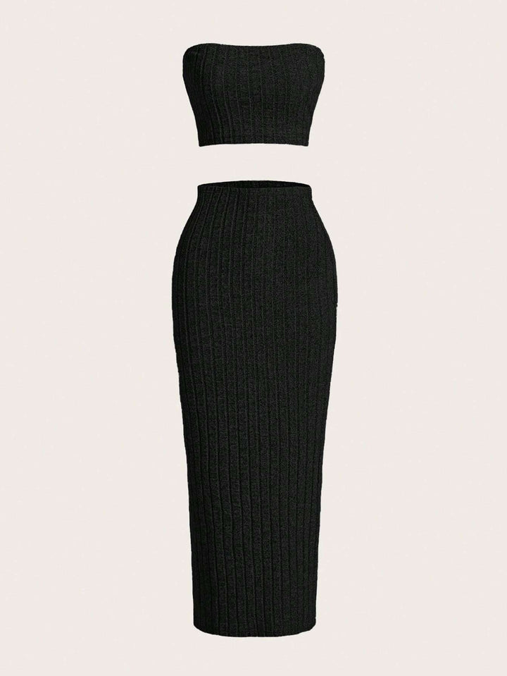 Black Off Shoulder Top And Fitted Midi Skirt