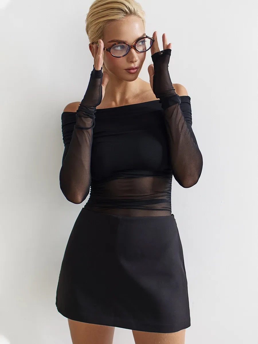 Black Off-Shoulder Sheer Mesh Top