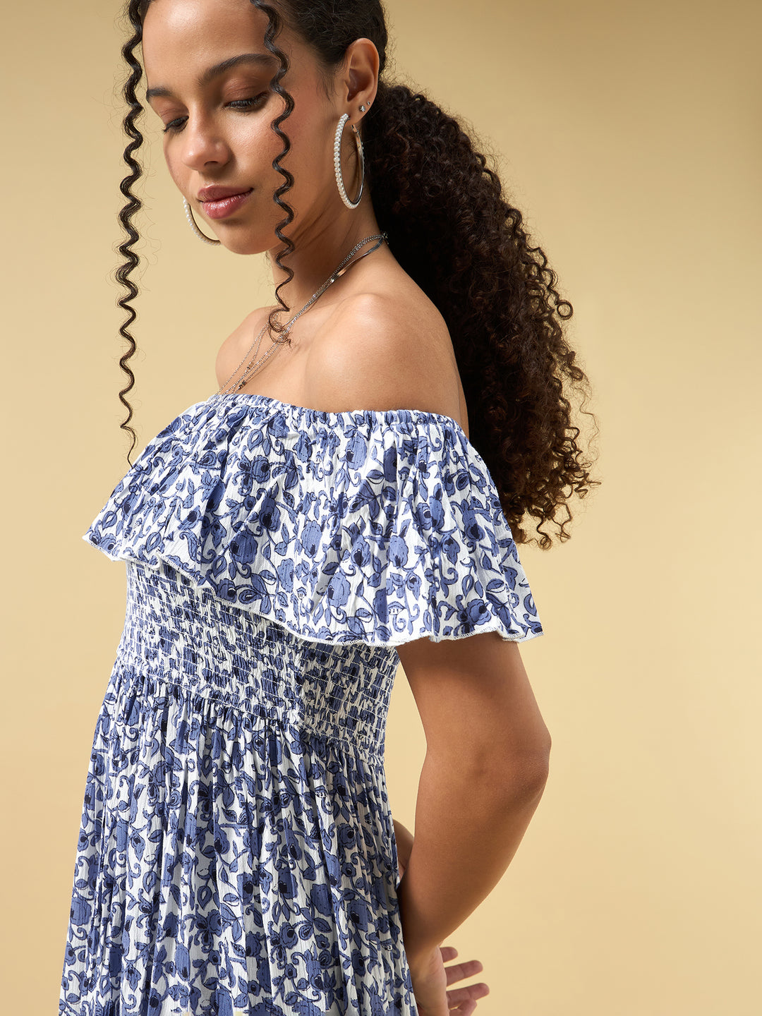 Blue Off Shoulder High Slit Dress